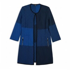 Misook Striped Acrylic Knit Longline Jacket Cardigan Office Blue Workwear Size M